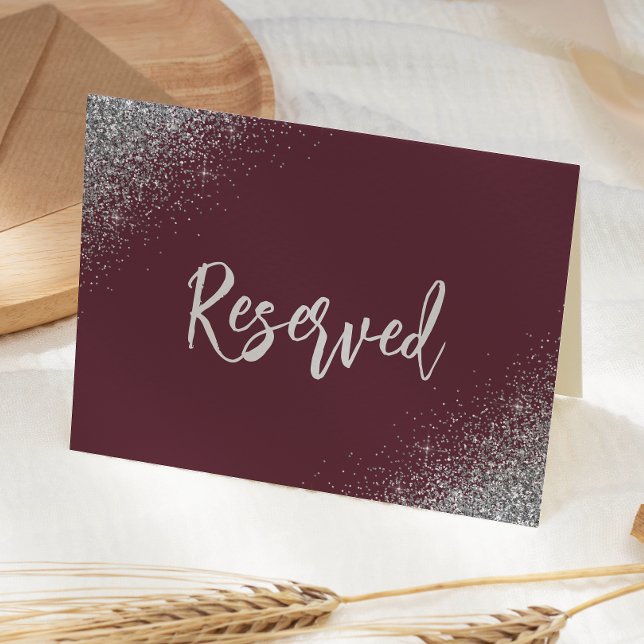 Burgundy Silver Glitter Reserved Wedding Place Card (Creator Uploaded)