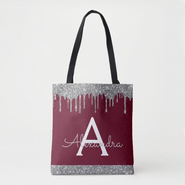 Burgundy Silver Glitter Sparkle Elegant Monogram Tote Bag (Front)