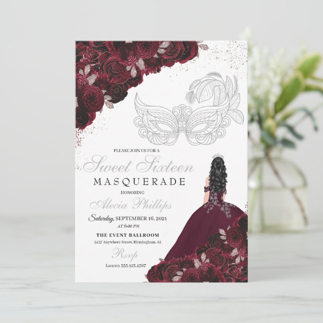 Burgundy & Silver Glitter Sweet 16 Masquerade Invitation (Standing Front)