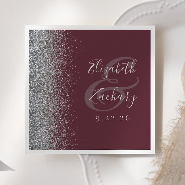 Burgundy Silver Glitter Wedding Napkin (Creator Uploaded)