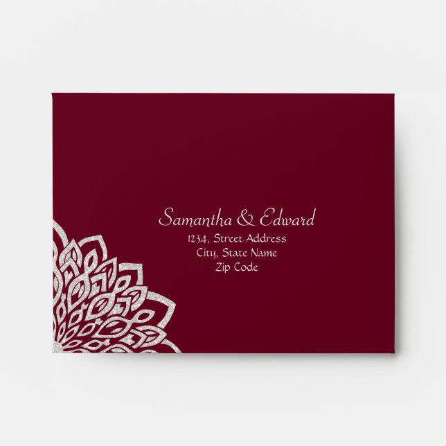 Burgundy Silver Glitter Wedding RSVP Envelope (Front)