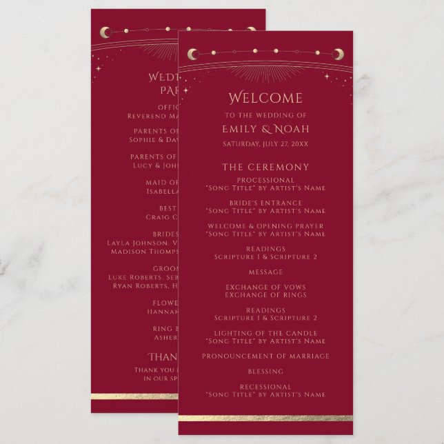 Burgundy Silver Gold Sun Moon Stars Wedding Programme (Front/Back)
