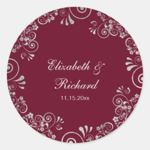 Burgundy Silver Grey Script  Floral Wreath Wedding Classic Round Sticker