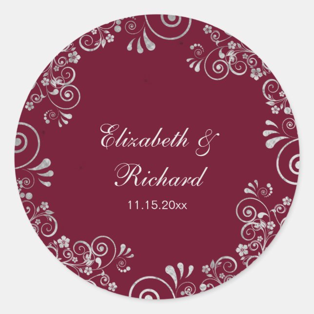 Burgundy Silver Grey Script  Floral Wreath Wedding Classic Round Sticker (Front)