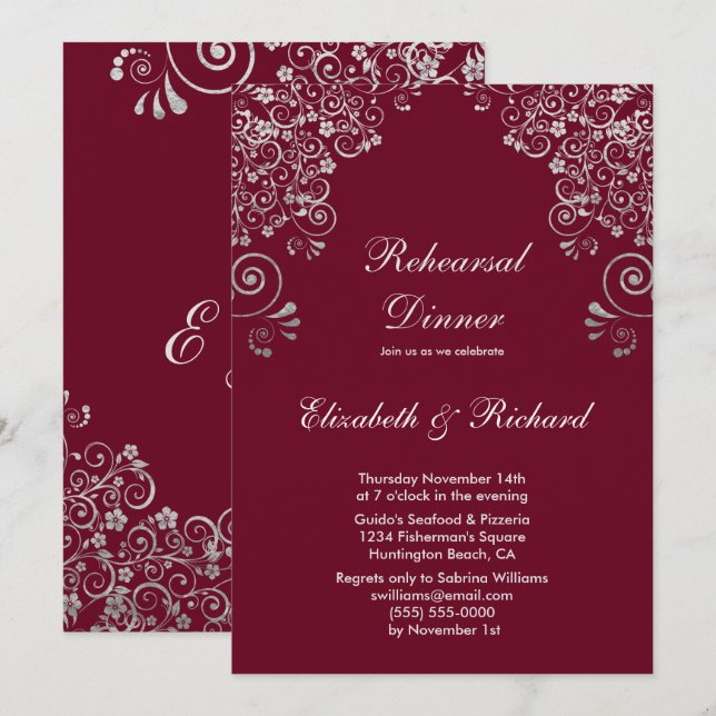 Burgundy Silver Grey Wedding Rehearsal Dinner Invitation (Front/Back)