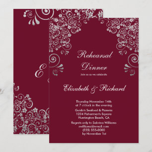 Burgundy Silver Grey Wedding Rehearsal Dinner Invitation