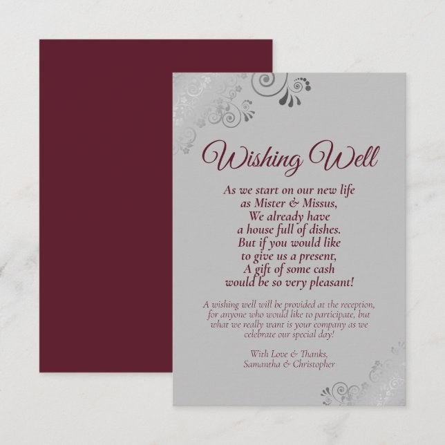 Burgundy & Silver Grey Wedding Wishing Well Poem Enclosure Card (Front/Back)