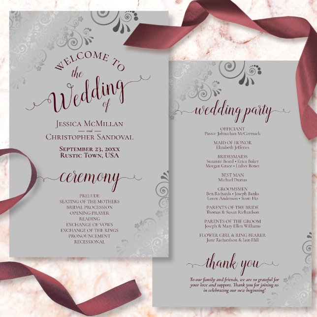 Burgundy & Silver Lace Budget Grey Wedding Program (Creator Uploaded)