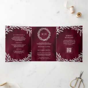 Burgundy Silver Leaf Branch QR Code Wedding Tri-Fold Invitation
