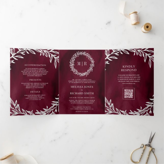 Burgundy Silver Leaf Branch QR Code Wedding Tri-Fold Invitation (Inside)