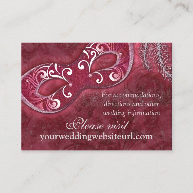 Burgundy Silver Masquerade Ball Wedding Website Enclosure Card (Front)