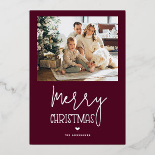 Burgundy Silver Merry Christmas Year Review Photo Foil Holiday Card