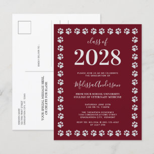   Burgundy Silver Paw Prints Graduation Invitation Postcard