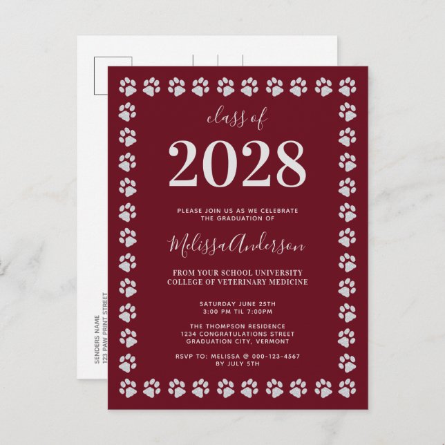   Burgundy Silver Paw Prints Graduation Invitation Postcard (Front/Back)