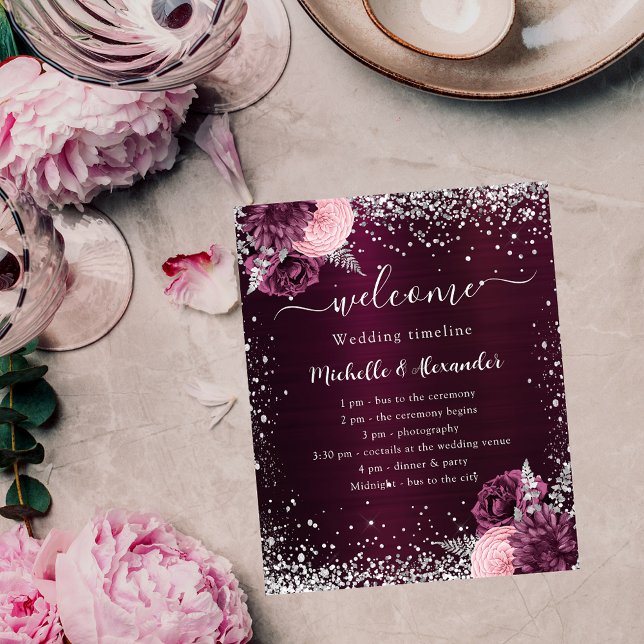 Burgundy silver pink flowers wedding program flyer (Creator Uploaded)