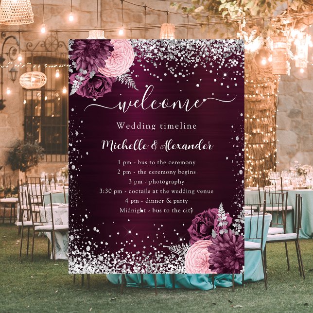 Burgundy silver pink flowers wedding program poster (Creator Uploaded)