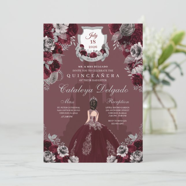 Burgundy Silver Princess Castle Quinceañera Invitation (Standing Front)