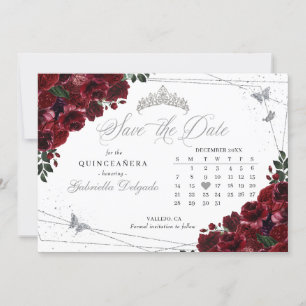 Burgundy & Silver Quinceañera Save The Date Invitation