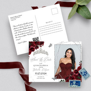 Burgundy Silver Quinceañera Save The Date Photo Invitation
