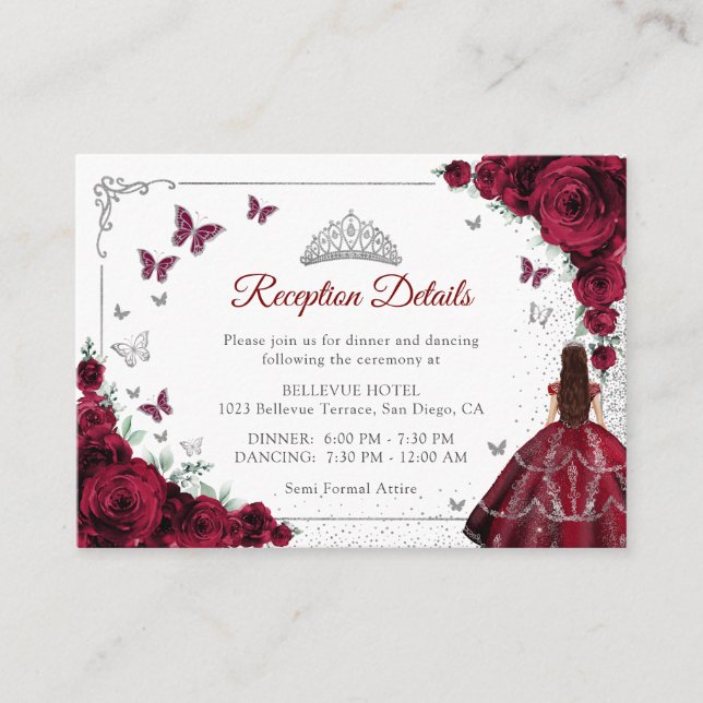 Burgundy Silver Quincenarea Reception Details Enclosure Card (Front)