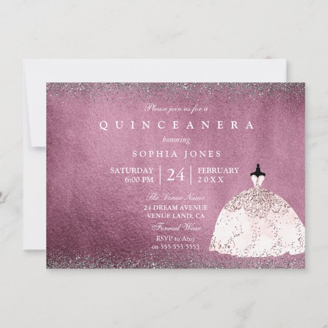 Burgundy Silver Rose Gold Pink Quinceanera Invite (Back)