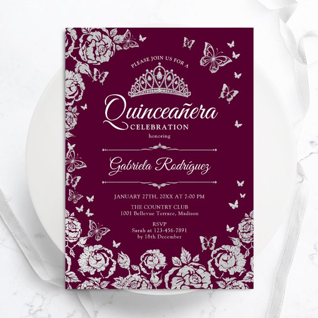 Burgundy Silver Roses Butterflies Quinceanera Invitation (Creator Uploaded)