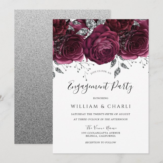 Burgundy & Silver Sparkle Floral Engagement Party  Invitation (Front/Back)