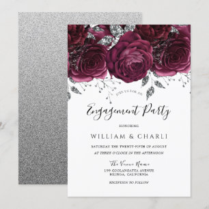 Burgundy & Silver Sparkle Floral Engagement Party  Invitation