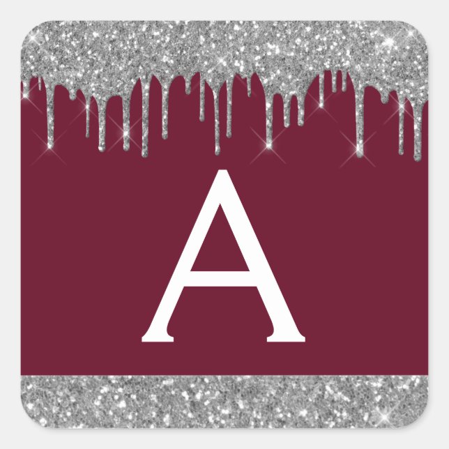 Burgundy Silver Sparkle Glitter Monogram Square Sticker (Front)