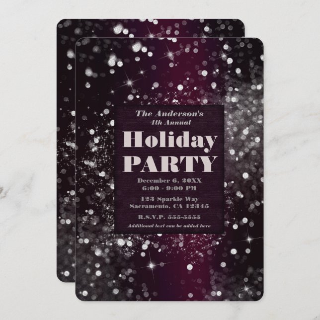 Burgundy Silver Sparkling Lights Holiday Party Invitation (Front/Back)