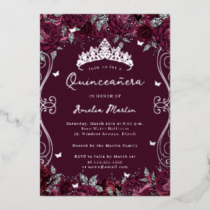 Burgundy Silver Swirl Scroll Floral Quinceanera