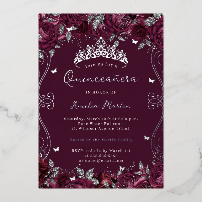 Burgundy Silver Swirl Scroll Floral Quinceanera  (Front)