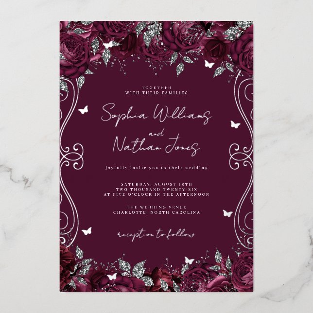 Burgundy Silver Swirl Scroll Wedding  (Front)
