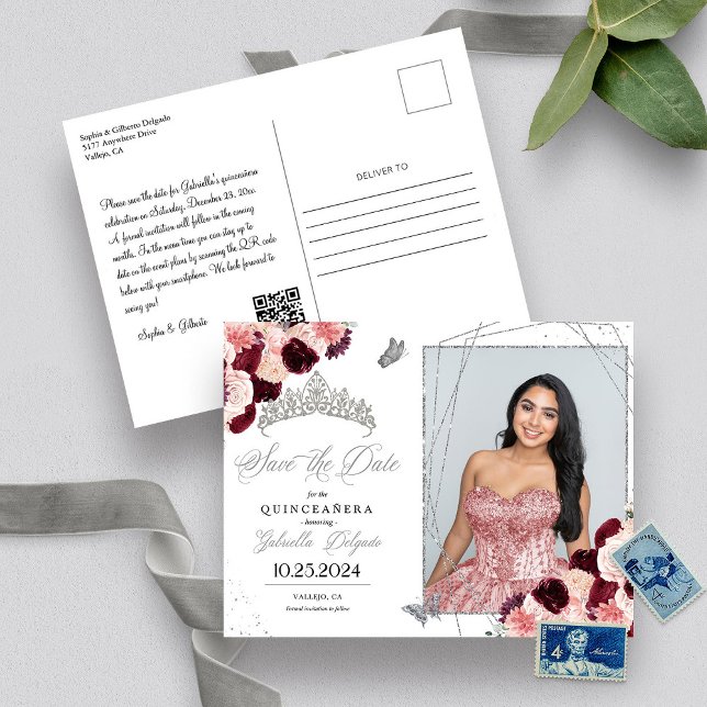 Burgundy & Silver Tiara Quinceañera Photo Postcard (Creator Uploaded)