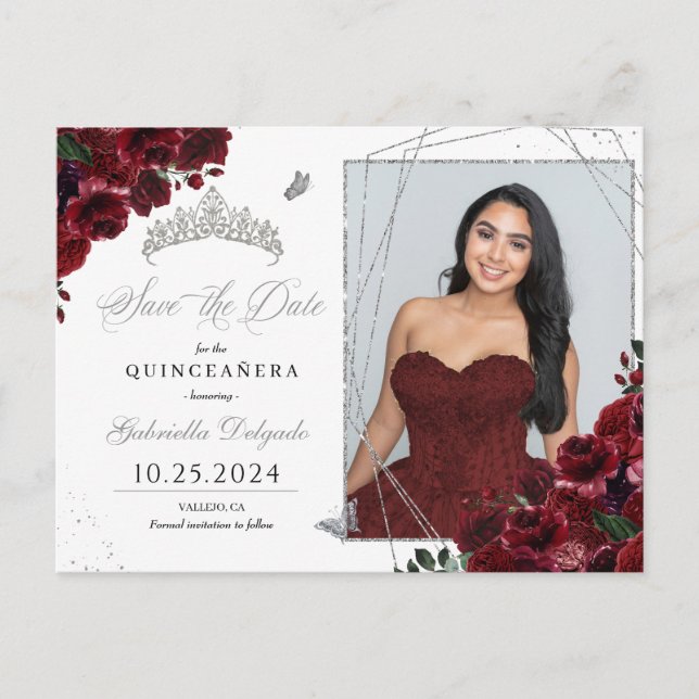 Burgundy & Silver Tiara Quinceañera Photo Postcard (Front)