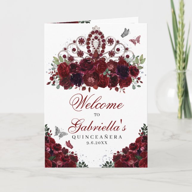 Burgundy & Silver Tiara Quinceanera Program Invitation (Front)