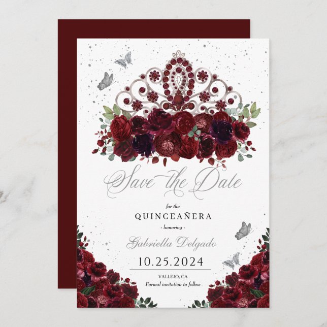 Burgundy & Silver Tiara Save The Date Quinceañera Invitation (Front/Back)