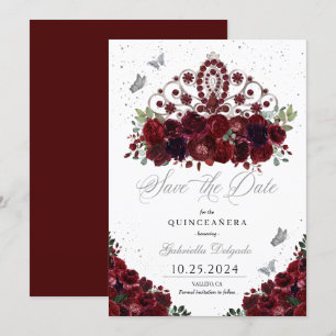 Burgundy & Silver Tiara Save The Date Quinceañera Invitation
