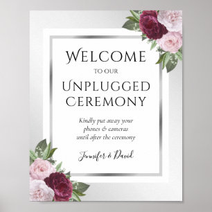 Burgundy Silver Unplugged Wedding Ceremony Sign