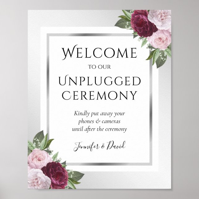 Burgundy Silver Unplugged Wedding Ceremony Sign (Front)