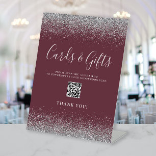Burgundy Silver Wedding Cards Gifts QR Code Pedestal Sign