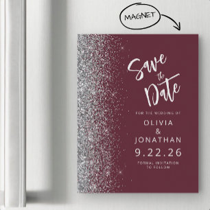 Burgundy Silver Wedding Save the Date Magnetic Invitation