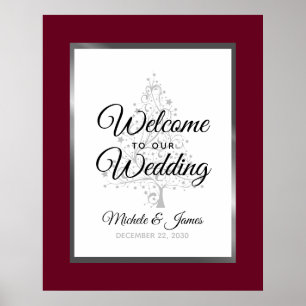 Burgundy Silver Winter Holiday Wedding Welcome Poster