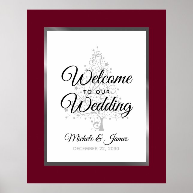 Burgundy Silver Winter Holiday Wedding Welcome Poster (Front)
