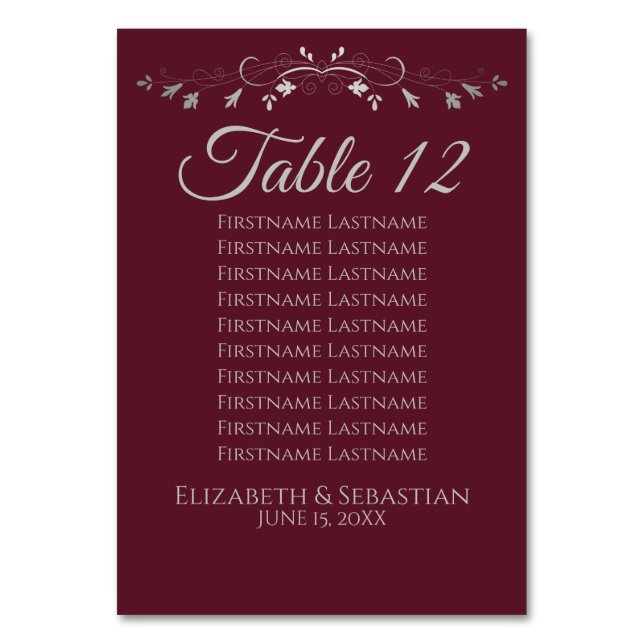 Burgundy SilverFlourish Wedding Seating Chart Table Number (Front)