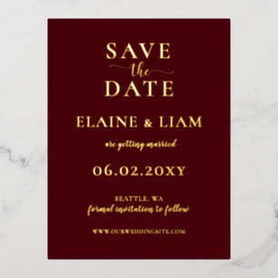 Burgundy Simple Calligraphy Luxe Save The Date Foil Invitation Postcard