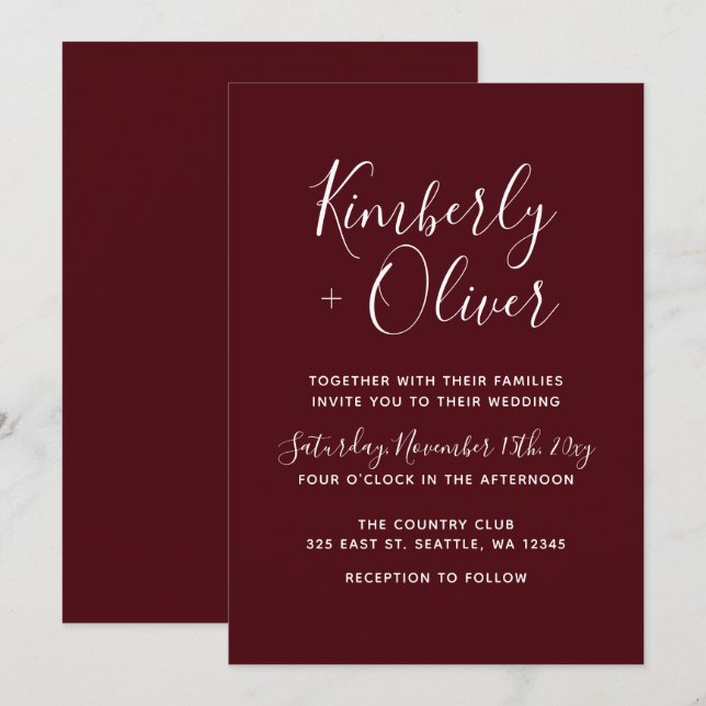 Burgundy Simple Calligraphy Modern Wedding  Invitation (Front/Back)