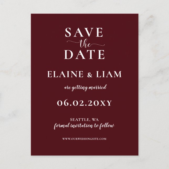 Burgundy Simple Calligraphy Save The Date  Announcement Postcard (Front)