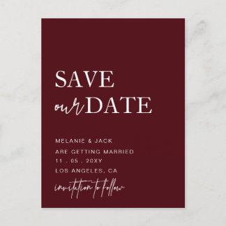 Burgundy Simple Calligraphy Save The Date Announcement Postcard