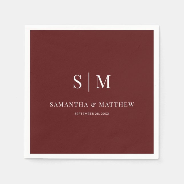 Burgundy Simple Elegant Couple Initials Wedding Napkin (Front)